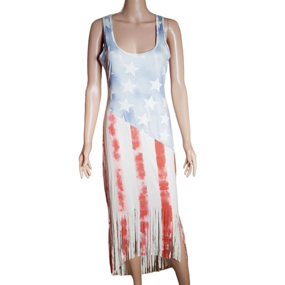 Sleeveless American Flag Fringe Maxi Dress - Red, White & Blue